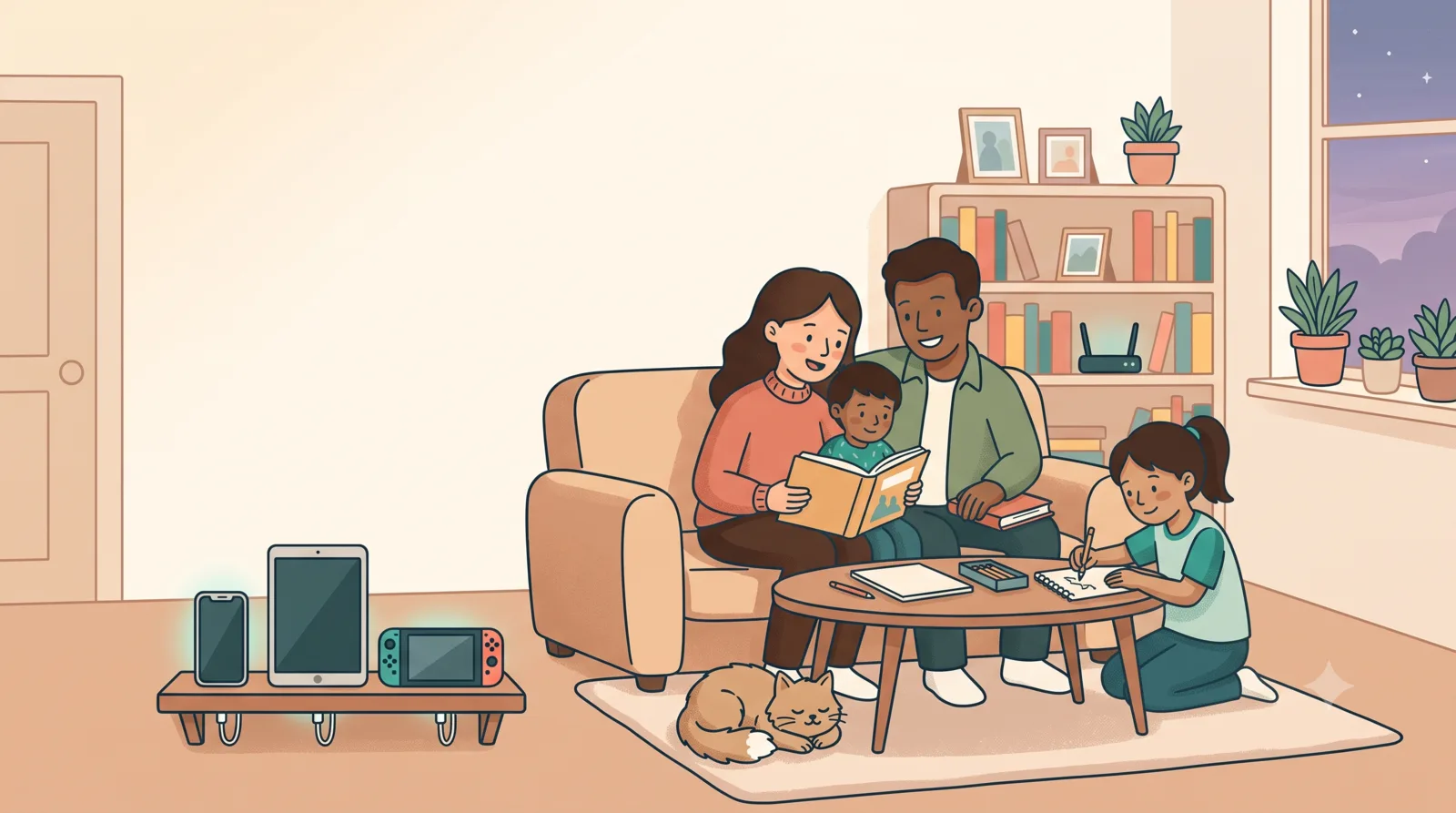 A calm family evening: devices resting on a charging shelf while the family reads and draws together