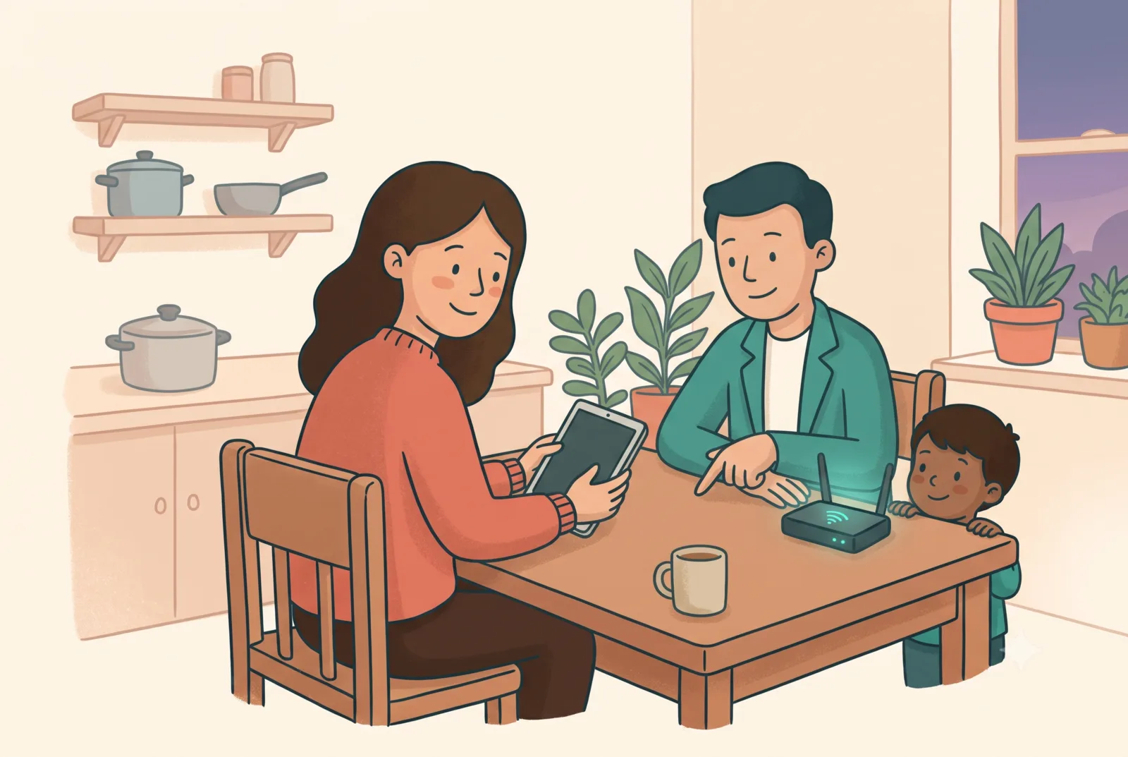 A friendly consultant at a kitchen table walking parents through their family's devices