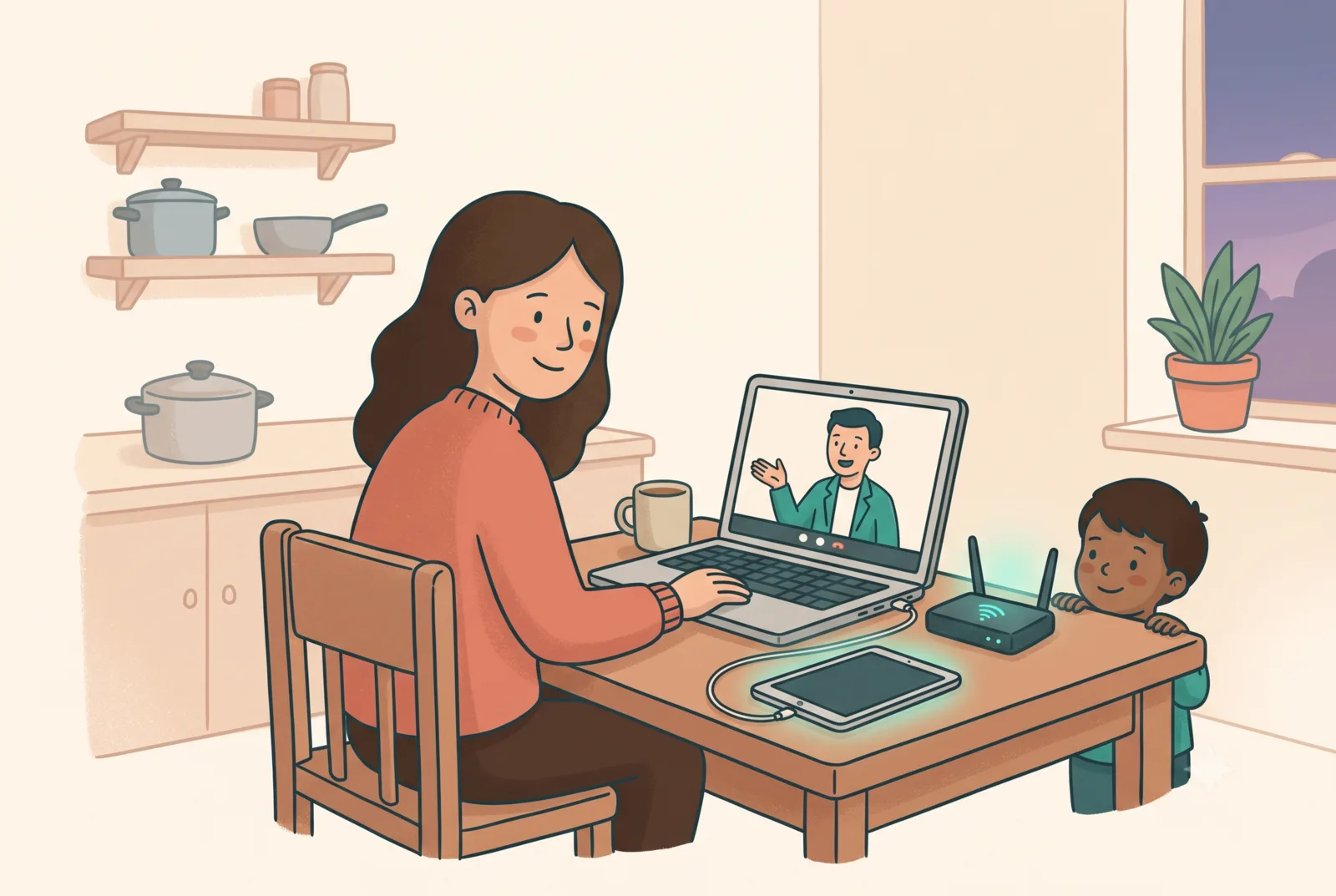 A relaxed parent at the kitchen table on a friendly video call, router and tablet being set up